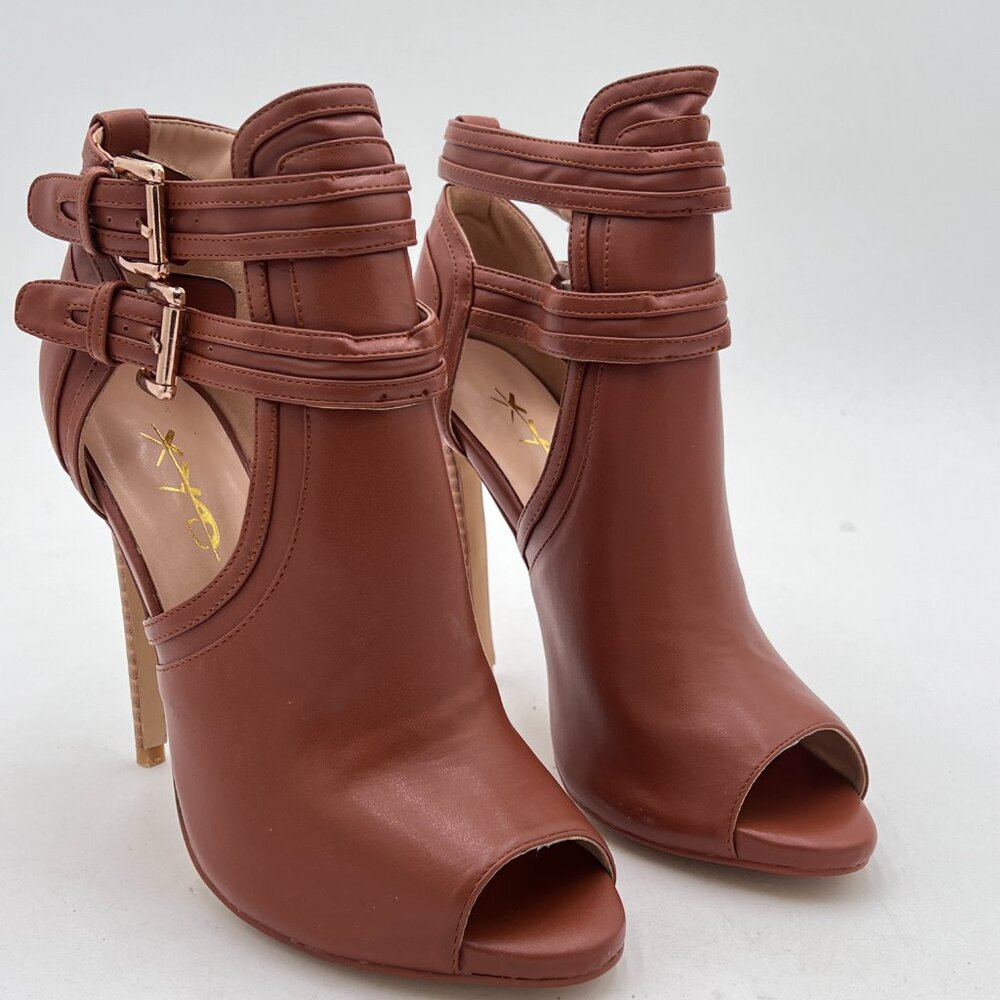 Never worn! XYD Brown Women Peep Toe Ankle Bootie High Heels Buckled